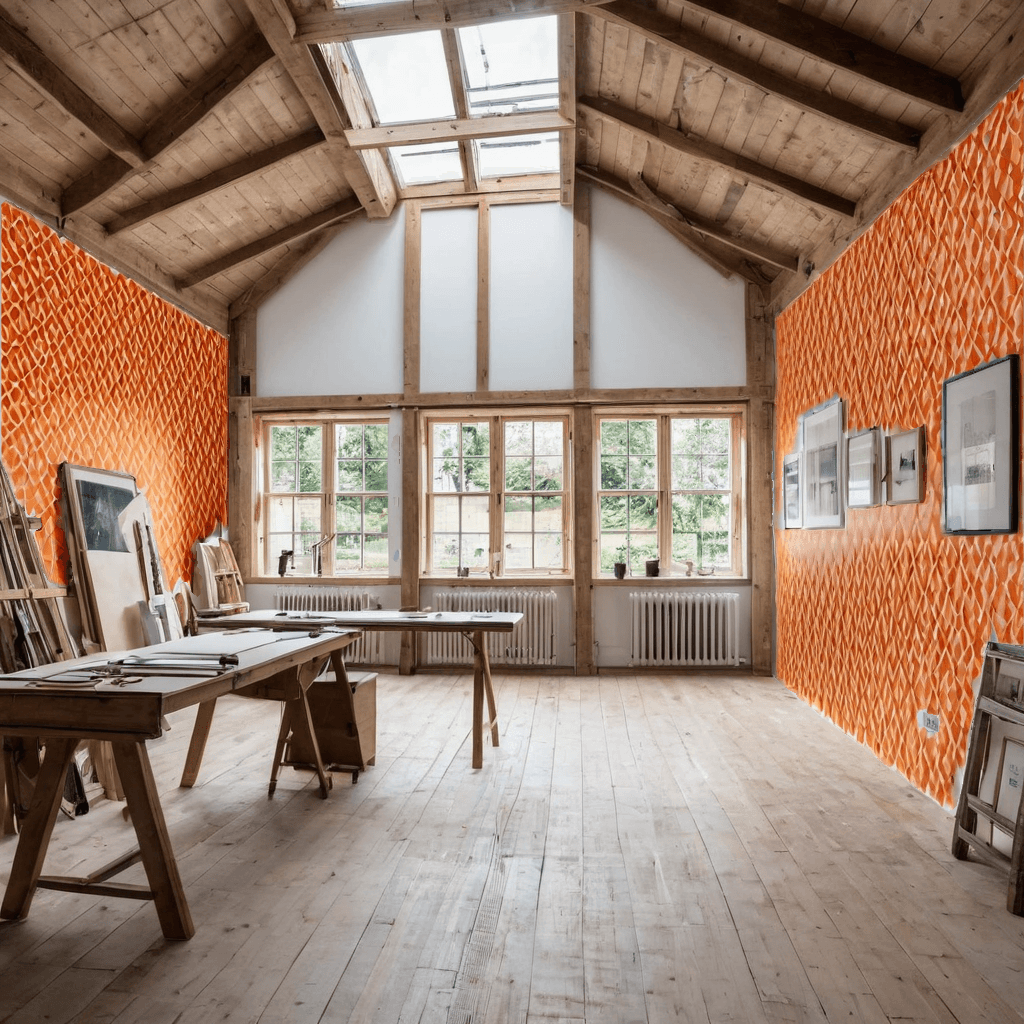 Output wall with orange wallpaper