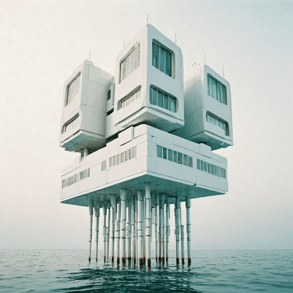 Output futuristic building on ocean stilts